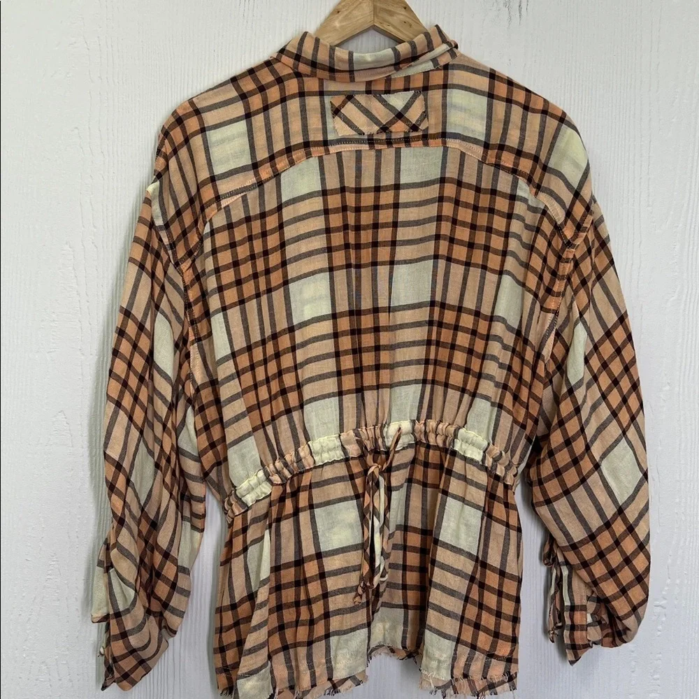 Free People - Pacific Dawn Peach And Cream Plaid Cinched Back Blouse Size Small